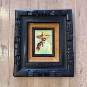 Vtg Original Oil Painting on Canvas Portrait, Man in‎ Sombrero, Signed By Artist